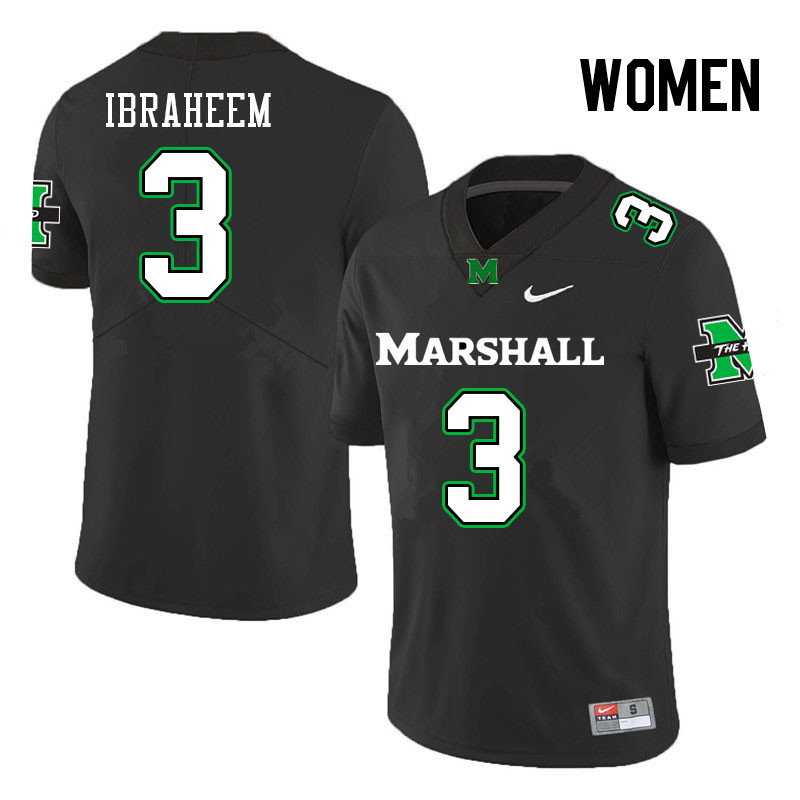 Women #3 Ishmael Ibraheem Marshall Thundering Herd College Football Jerseys Stitched-Black - Click Image to Close